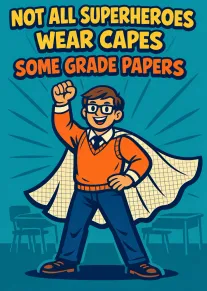 Cartoon teacher in glasses and cape stands heroically beneath wording about grading papers.