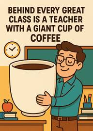 Teacher holding giant coffee cup with classroom background