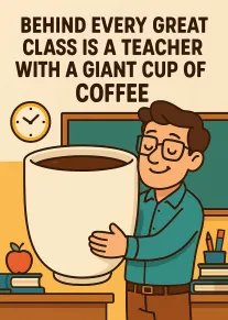 Smiling teacher hugs an oversized coffee cup in a classroom with bold appreciation wording above.