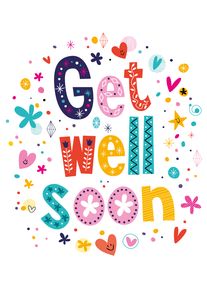 Colourful Get Well Soon card with playful hearts, stars, and doodles in bright cheerful colours.