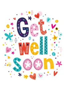 Colourful Get Well Soon card with playful hearts, stars, and doodles in bright cheerful colours.