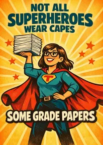 Illustrated teacher superhero holding papers with slogan not all superheroes wear capes some grade papers.