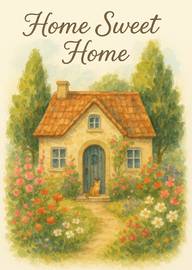 Watercolor Home Sweet Home Cottage with Garden and Cat