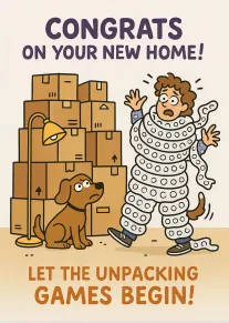 A cartoon man wrapped in packing materials stands beside boxes and a dog with text.