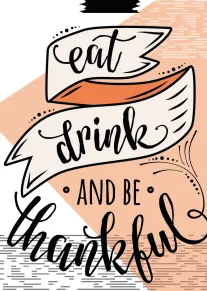 Hand-lettered eat drink and be thankful text on peach and cream autumn ribbon illustration.