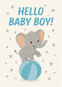 Cute elephant balancing on a blue ball beneath stars with Hello Baby Boy text above.
