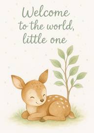 Welcome to the world baby card with cute fawn and leaves