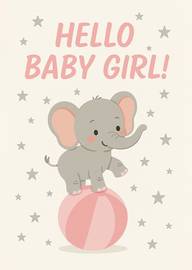 Cute Baby Girl Card with Elephant on Pink Ball and Stars