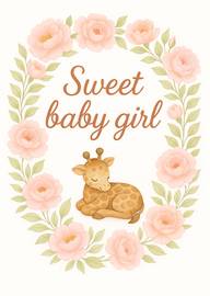 Sweet Baby Girl Card with Sleeping Giraffe and Floral Wreath