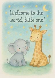 Cute baby animal card with elephant and giraffe under stars