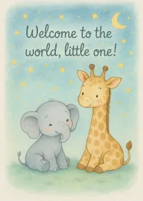 Watercolour elephant and giraffe under stars with sweet Welcome to the world, little one message.
