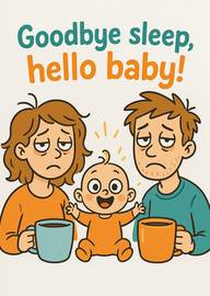 Tired parents holding coffee with happy baby cartoon illustration