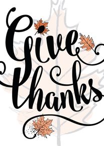 Give Thanks card with orange autumn leaves and elegant black hand lettering.
