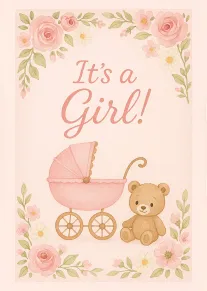 Pastel floral baby card with pram, teddy bear, and It’s a Girl wording in soft watercolor design.