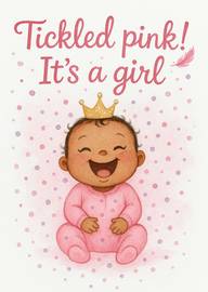 Happy baby girl in pink outfit with crown and joyful expression