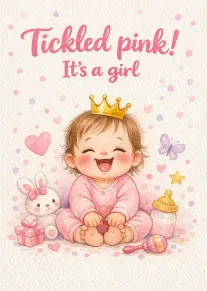 Watercolor baby girl card with crown, bunny, gift, bottle, and pink text on textured background.