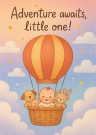 Cute baby with stuffed animals in hot air balloon adventure card
