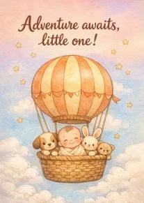 Cute baby in hot air balloon basket with animals under text Adventure awaits, little one.