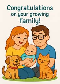Happy family with baby, dog, and cat celebrating growing family