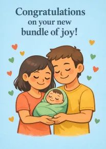 Smiling parents hold a sleeping newborn wrapped in green with congratulations text and hearts around.