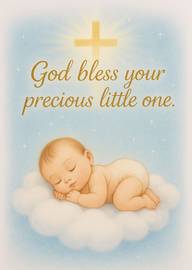 Sleeping baby on cloud with glowing cross and blessing message
