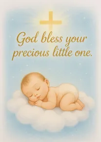 Sleeping baby on cloud beneath a glowing cross with God bless your precious little one.