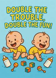 Cute Twin Babies with Toys and Fun Double Trouble Text