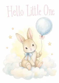 A fluffy bunny sits on clouds holding a blue balloon beneath words Hello Little One.