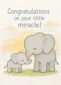 Watercolor elephants touch trunks beneath congratulations on your little miracle text in soft pastel clouds.