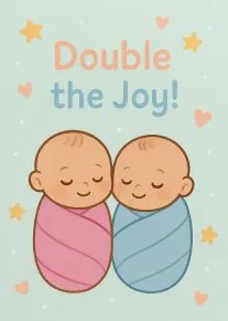 Two sleeping newborn twins wrapped in pink and blue with Double the Joy text softly.