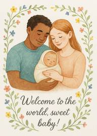 Watercolor card with parents holding newborn baby and floral border