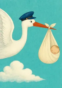 Illustrated stork carries a sleeping baby bundle through a turquoise sky with soft clouds below.