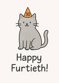 Cute gray cat wearing party hat with funny 30th birthday pun