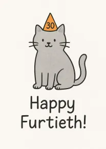 Grey cat wearing an orange party hat says Happy Furtieth on a minimalist card design.