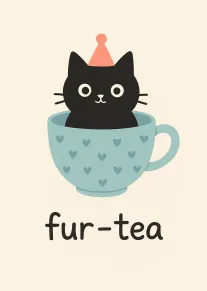 A black cat wearing a party hat sits in a blue teacup with fur-tea text.