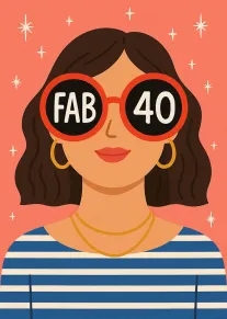 Illustrated woman wearing red sunglasses that say FAB 40 on a coral starry background.