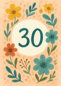 Watercolor floral card with large teal 30 surrounded by pastel flowers on a peach background.