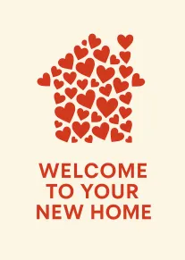 A cream card with a red heart house and Welcome to Your New Home text.