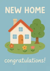 A pastel house, tree, and flowers appear under New Home and congratulations on blue background.