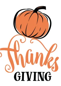 Orange pumpkin above cursive Thanks Giving text on a white background with bold black lettering.