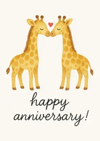 Two adorable giraffes touch noses above a heart with happy anniversary text on cream background.