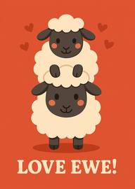 Cute cartoon sheep love ewe pun with hearts on red background
