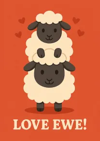 Cute stacked sheep with hearts and Love Ewe text on red background, punny and sweet.