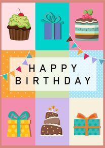 Colourful birthday card with cakes, presents, bunting and happy birthday text in playful pastel panels.