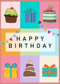 Colourful birthday card with cakes, presents, bunting and happy birthday text in playful pastel panels.