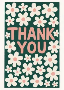 Pink thank you text surrounded by retro white daisies on green background, cheerful and bright.