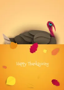 Layered paper turkey with autumn leaves and Happy Thanksgiving text on a warm orange background.