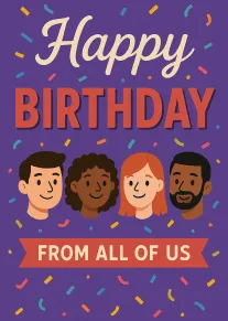 Purple birthday card with confetti, four smiling faces, and From All of Us banner design.