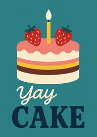 Birthday card with cake, candle, strawberries and yay cake text
