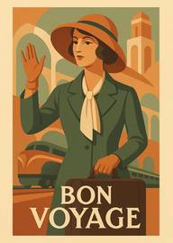 Vintage Style Bon Voyage Card Woman Waving Goodbye